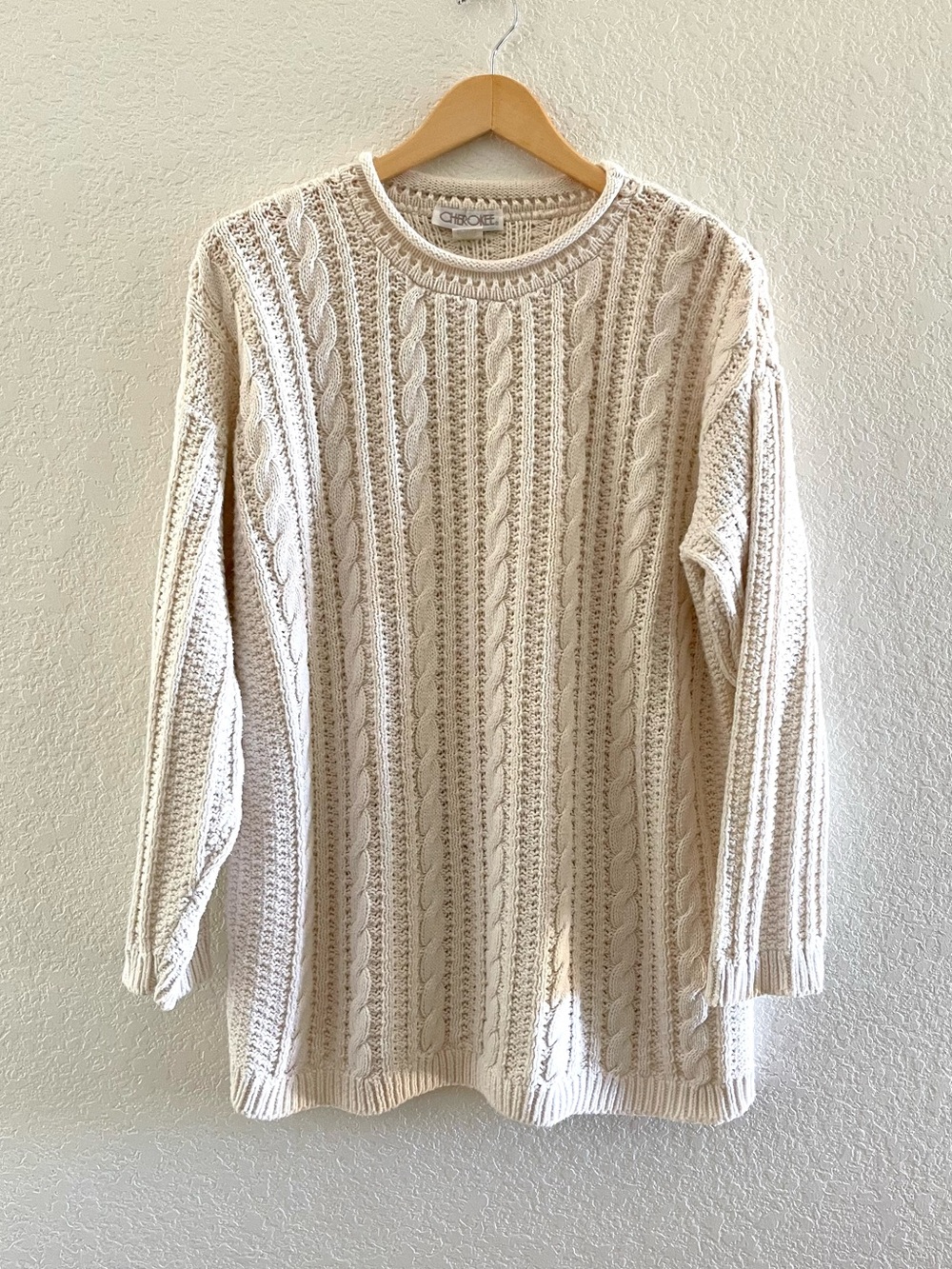 Vintage 90s Cherokee Cream Cable Knit Crew Cotton Fisherman Grandpa Sweater